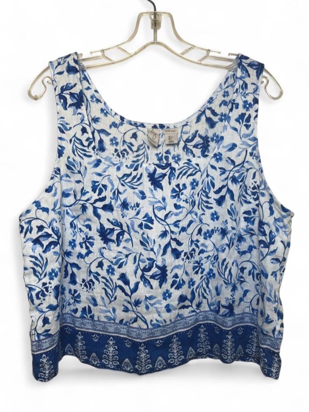 Women's Joie Vacation Beach Summer Floral 100 Linen Tank Top Blue & White L